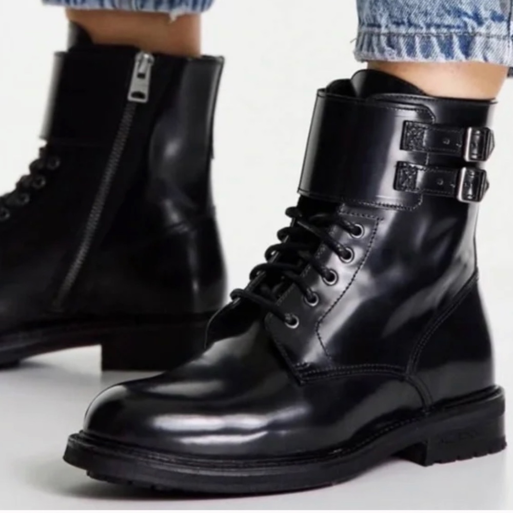 Allsaints Black Brigade Ankle Buckle Side Zip Boot - Size 36/6